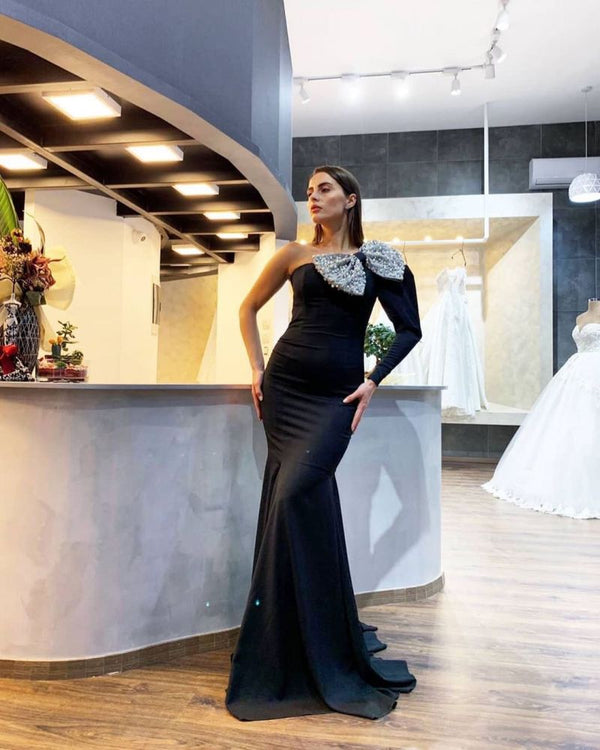 Elegant One-shoulder Black Sequined Bow Evening Dresses-Ballbella