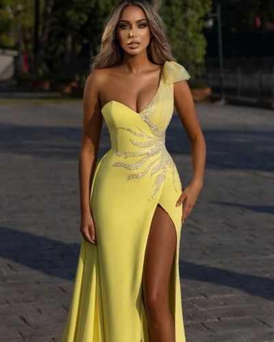 yellow one shoulder homecoming dresses Elegant One-shoulder High split Sleevless Mermaid Prom Dress 2023Spring