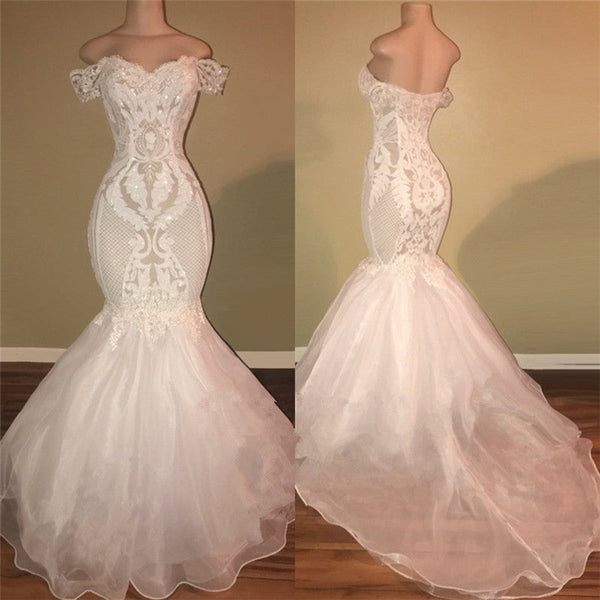 Elegant Organza Off-the-shoulder Mermaid Wedding Dress Sequins Long Lace-Ballbella
