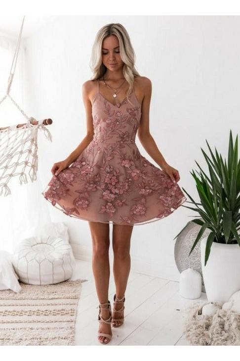 Elegant Pink Floral Homecoming Dresses Spaghetti Straps Lace Appliques Hoco Dresses-Ballbella