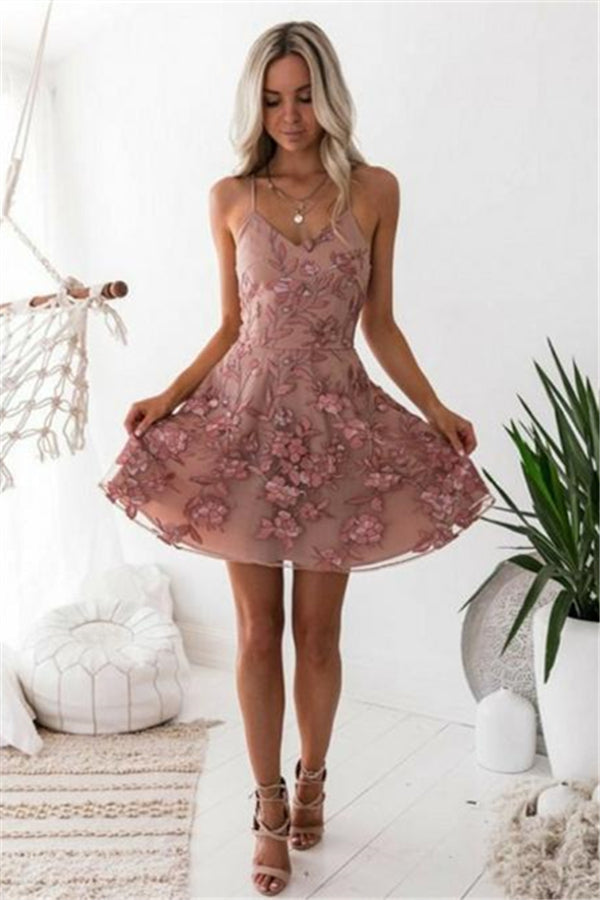 Elegant Pink Floral Homecoming Dresses Spaghetti Straps Lace Appliques Hoco Dresses-Ballbella