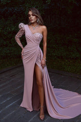 Elegant Pink Front Slit Chiffon Prom Dress Sequins One Shoulder With Long Sleeve On One Side-Ballbella