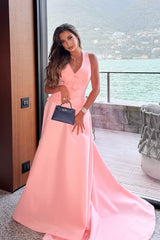 Elegant Pink Halter V-Neck Sleeveless Satin Prom Dresses A-Line Long With Bow Knot-Ballbella