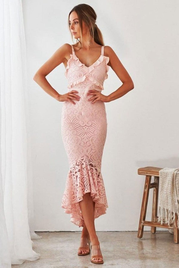 Ballbella offers Elegant Pink High low V-neck Chic Homecoming Dress On Sale at a cheap price from Lace to Mermaid Ankle-length hem. Gorgeous yet affordable  Prom Dresses