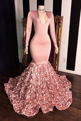 Elegant Pink Long Sleevess Flowers Mermaid Prom Gowns V-Neck Evening Dress-Ballbella