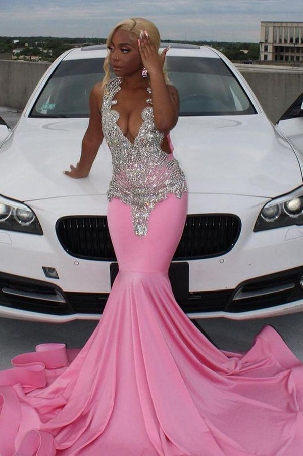 Elegant Pink Mermaid Court Train Prom Dresses wth Silver Beads Elegant Pink Mermaid Court Train Prom Dresses wth Silver Beads