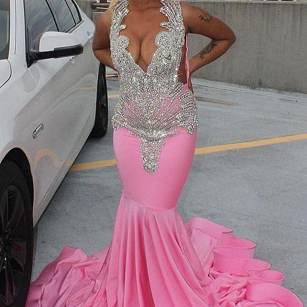 Elegant Pink Mermaid Court Train Prom Dresses wth Silver Beads Elegant Pink Mermaid Court Train Prom Dresses wth Silver Beads