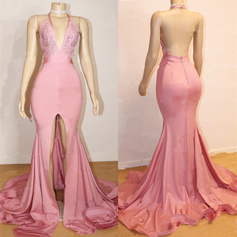 Still wondering where to buy trendy lace prom dresses online? Ballbella provides you 30+ colors Pink Prom Party Gowns| Backless Lace Evening Gown With Slit online,  free shipping worldwide.