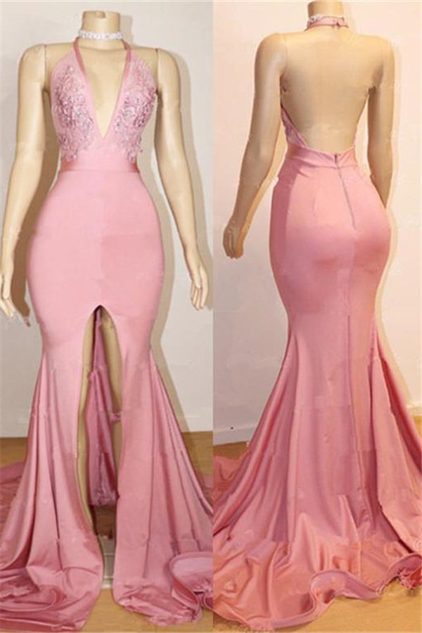 Elegant Pink Prom Party Gowns| Backless Lace Evening Gown With Slit-Ballbella