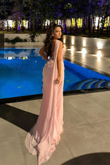 Elegant Pink Sweetheart Sleeveless Chiffon Prom Dress Sleeveless Sequins With Lace-Up Back-Ballbella