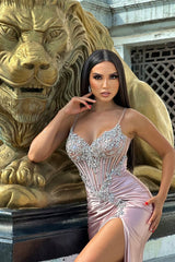 Elegant Pink V-Neck Spaghetti-Straps Sleeveless Satin Prom Dresses Mermaid Gem With High Split-Ballbella