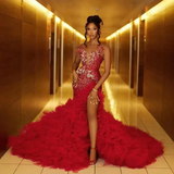 Elegant Red flowers Ruffles High Split Sleeveless Mermaid Prom Dresses-Ballbella
