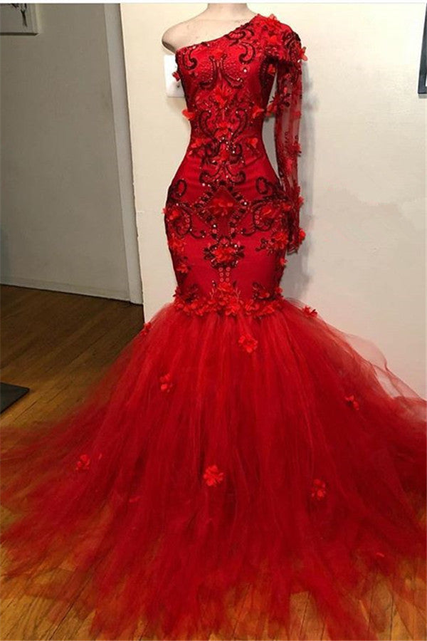 Wanna Evening Dresses in one shoulder,  mermaid style,  and delicate lace appliques work? Ballbella has all covered on this Elegant Red One-Shoulder Long-Sleeves Appliques Mermaid Prom Party Gowns On Sale with cheap prices.