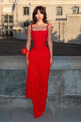 Elegant Red Square Straps Chiffon Prom Dresses Sleeveless Pleats With High Slit-Ballbella