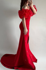 Elegant Red Strapless Mermaid Prom Dresses Bubbles Sleeves High Slit Sheath With Pearls-Ballbella