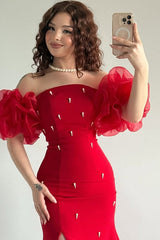 Elegant Red Strapless Mermaid Prom Dresses Bubbles Sleeves High Slit Sheath With Pearls-Ballbella