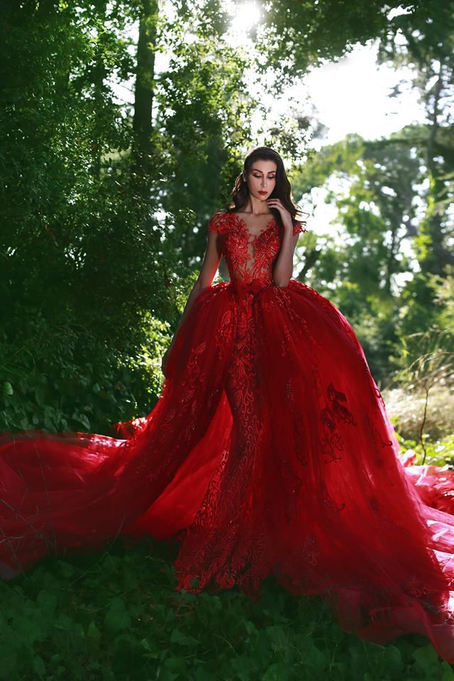 Ballbella.com custom made luxurious red ball gown formal dress,  v-neck cap sleeves lace applique over-skirt evening dress,  and chapel train prom dress. Get elegant design with top quality,  lowest price and free shipping,  affordable price, all colors and sizes.