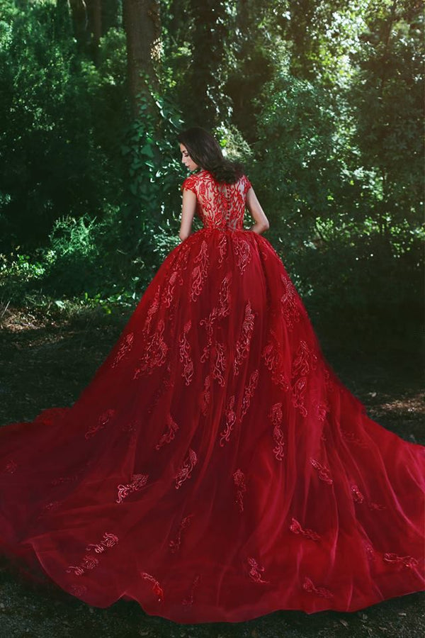 Elegant Red V-Neck OverSkirt Lace Applique Prom Dresses Elegant Red V-Neck OverSkirt Lace Applique Prom Dresses