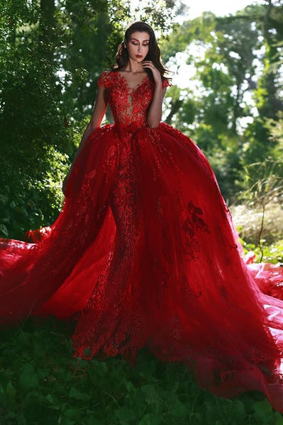Elegant Red V-Neck OverSkirt Lace Applique Prom Dresses Ballbella Elegant Red V-Neck OverSkirt Lace Applique Prom Dresses Ballbella
