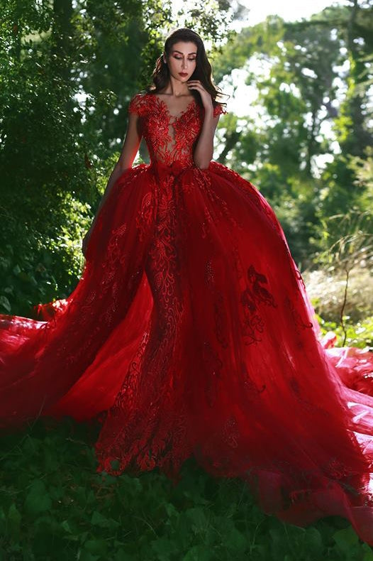 Ballbella.com custom made luxurious red ball gown formal dress,  v-neck cap sleeves lace applique over-skirt evening dress,  and chapel train prom dress. Get elegant design with top quality,  lowest price and free shipping,  affordable price, all colors and sizes.