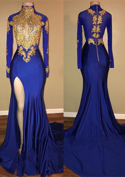 Looking for custom made elegant royal blue mermaid Long Sleeves Prom Party Gowns with lace appliques. Free shipping,  high quality,  fast delivery,  made to order dress. Discount price. Affordable price. Ballbella.