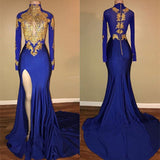 Looking for custom made elegant royal blue mermaid Long Sleeves Prom Party Gowns with lace appliques. Free shipping,  high quality,  fast delivery,  made to order dress. Discount price. Affordable price. Ballbella.