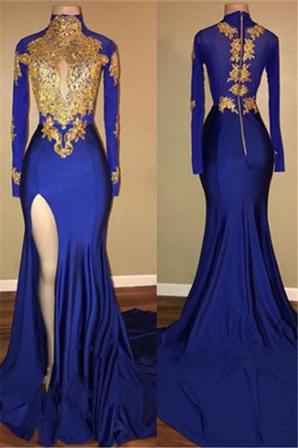 Elegant Royal Blue Prom Party GownsMermaid Long Sleeves With Appliques-Ballbella