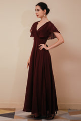Elegant Rust Cool-shoulder V-neck Chiffon Evening Dress-Ballbella