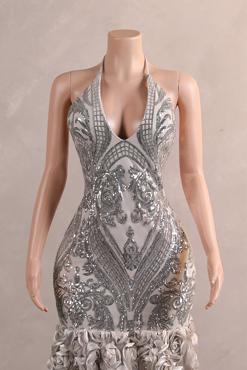 Elegant Silver Sequin Flowers Mermaid Floor Length Prom Dresses Elegant Silver Sequin Flowers Mermaid Floor Length Prom Dresses