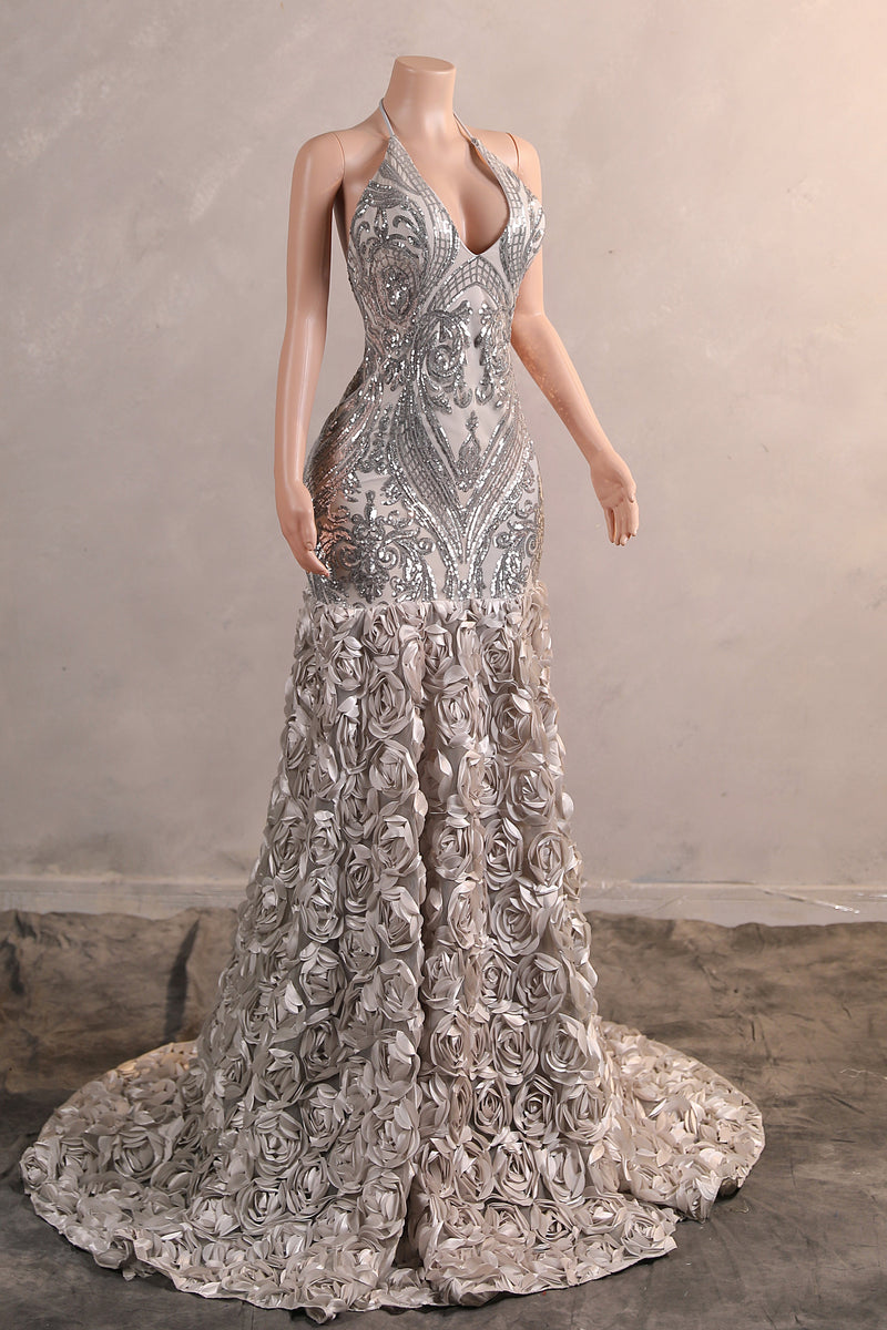 Elegant Silver Sequin Flowers Mermaid Floor Length Prom Dresses-Ballbella