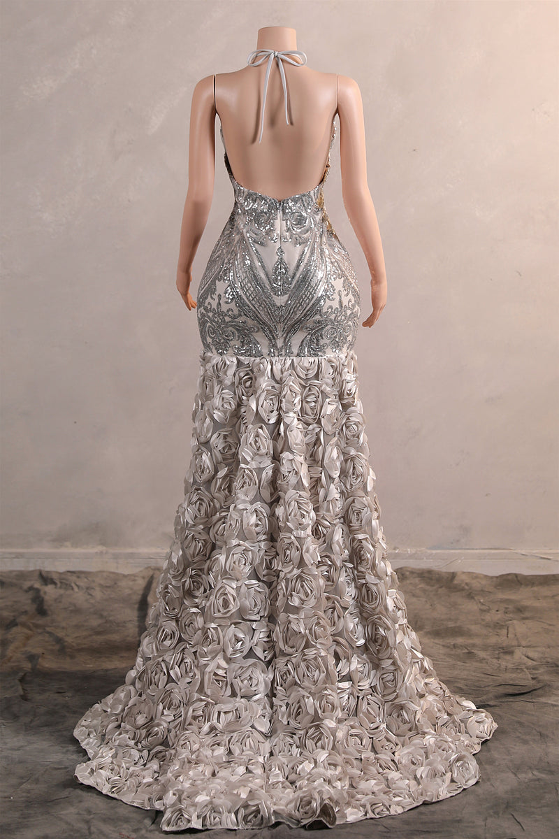 Elegant Silver Sequin Flowers Mermaid Floor Length Prom Dresses Ballbella Elegant Silver Sequin Flowers Mermaid Floor Length Prom Dresses Ballbella