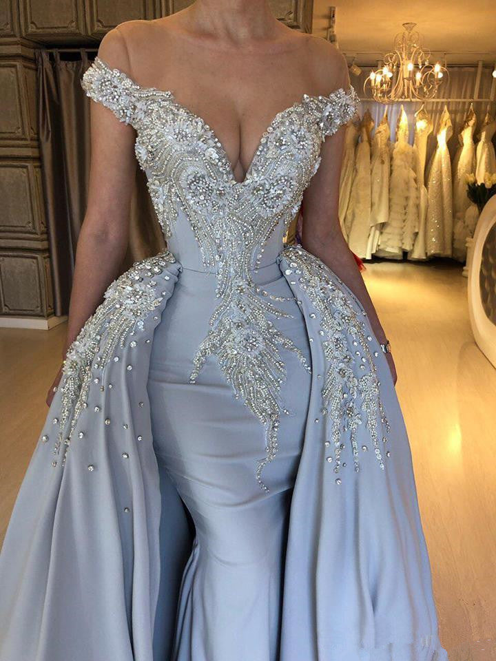 Wanna Prom Dresses, Evening Dresses in blue Mermaid style,  and delicate Crystal work? Ballbella has all covered on this elegant Elegant Sky Blue Mermaid Off-the-Shoulder Prom Dresses Sweetheart Discount Overskirt Evening Dresses On Sale yet cheap price.