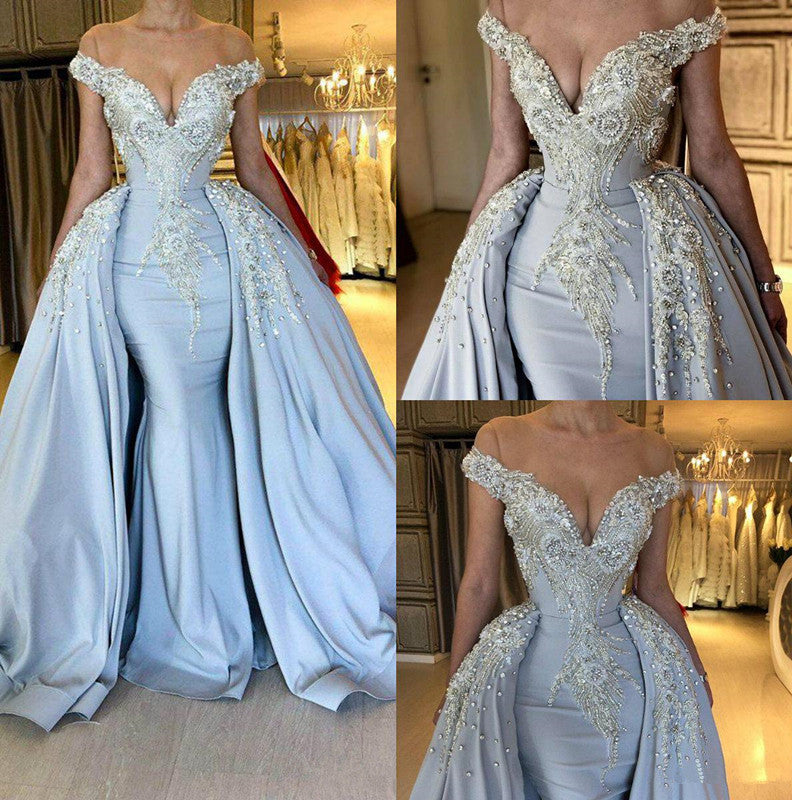 Wanna Prom Dresses, Evening Dresses in blue Mermaid style,  and delicate Crystal work? Ballbella has all covered on this elegant Elegant Sky Blue Mermaid Off-the-Shoulder Prom Dresses Sweetheart Discount Overskirt Evening Dresses On Sale yet cheap price.
