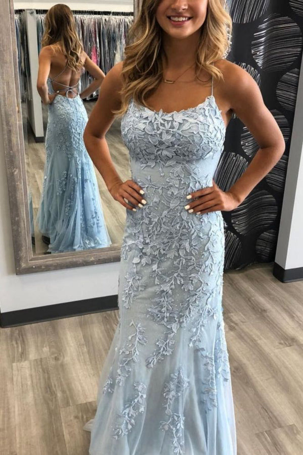 Ballbella offers cheap price Elegant Sky Blue Spaghetti Strap Simple Long Prom Party Gowns with beautiful Lace Appliques with free shipping. Get it and enjoy fast shipping.