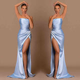 Elegant Sky Blue Strapless Mermaid Prom Dress Long Split-Ballbella