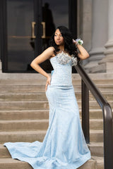 Elegant Sky Blue Strapless Sleeveless Mermaid Prom Dresses Sheath Gem With Lace-Up Back-Ballbella