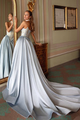 Elegant Sky Blue Sweetheart Satin A-Line Prom Dresses Bubbles Sleeves High Slit With Pleats Beads-Ballbella