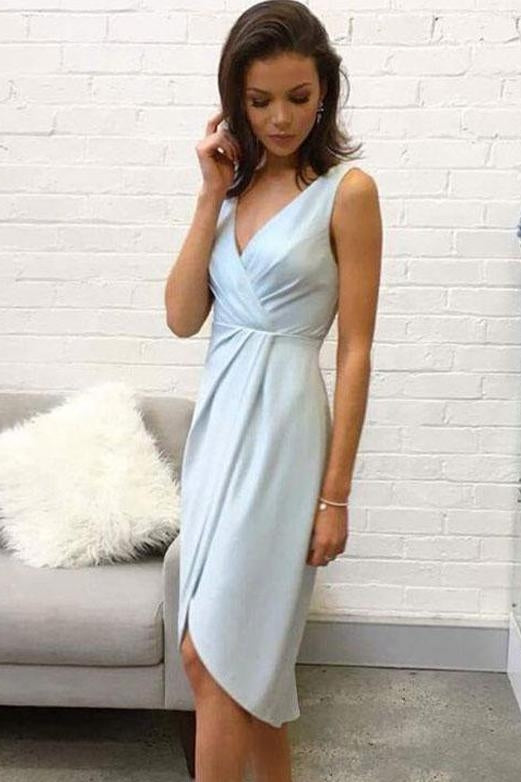 This beautiful Elegant Sleeveless A-Line V-Neck High Low Homecoming Dress will make your guests say wow. The V-neck bodice is thoughtfully lined,  and the Hi-Lo skirt with to provide the airy,  flatter look.