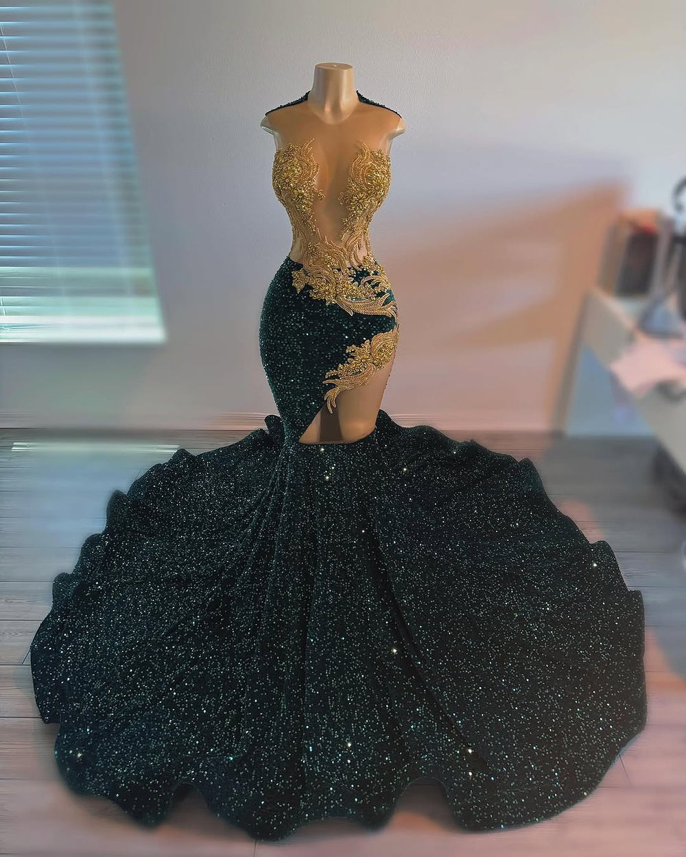 mermaid black and gold prom dresses Elegant Sleeveless Dark Green Court Train Sequin style:art deco Color:Floral Multicolored Detailed beadwork across the Plus Size Dresses, Woman,