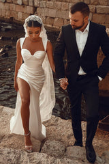Elegant Sleeveless Straps Ivory High split Sweetheart Wedding Dresses-Ballbella