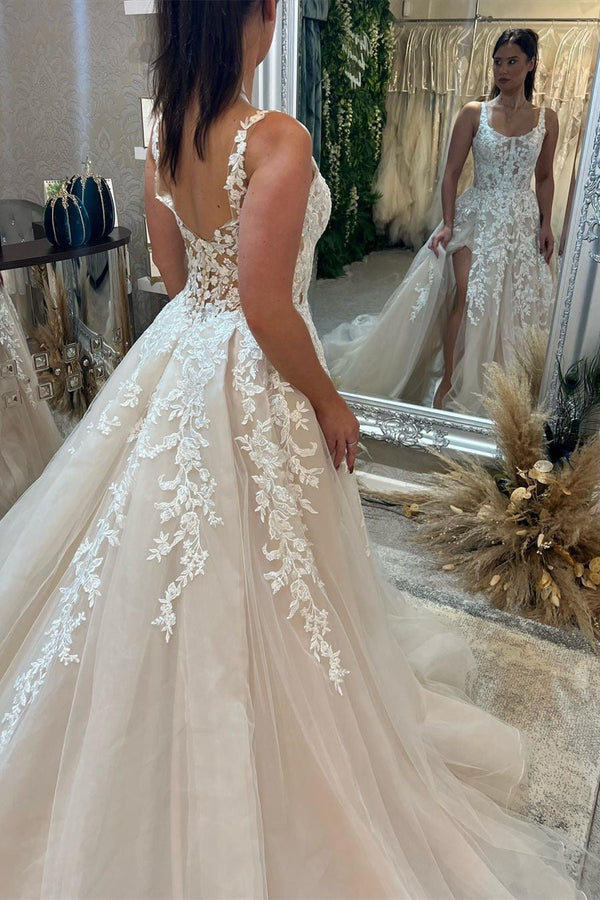 Elegant Sleeveless Straps Lace Wedding Dress Long Slit Online-Ballbella