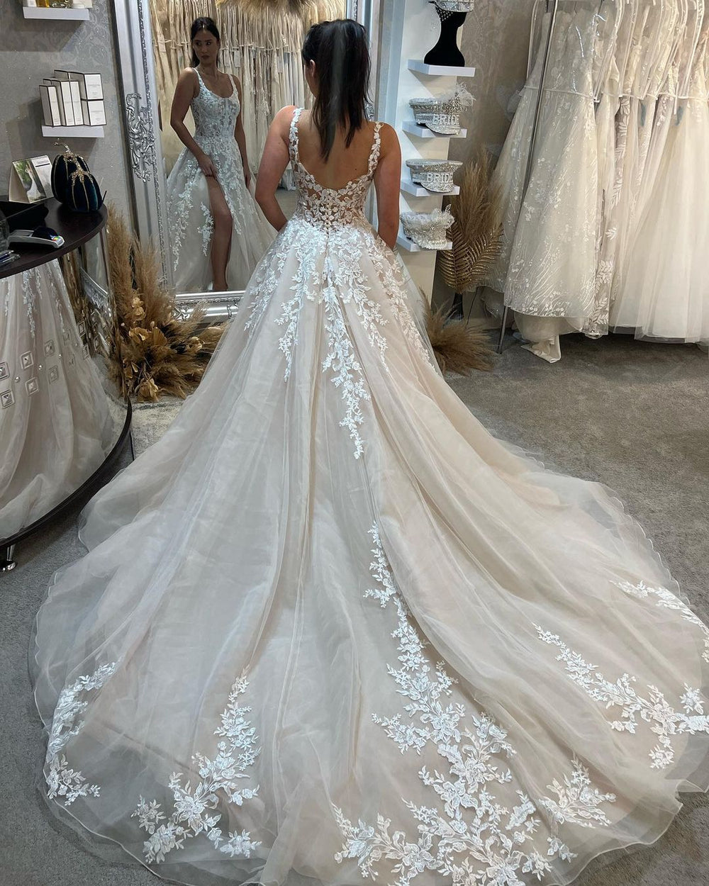 Elegant Sleeveless Straps Lace Wedding Dress Long Slit Online Elegant Sleeveless Straps Lace Wedding Dress Long Slit Online