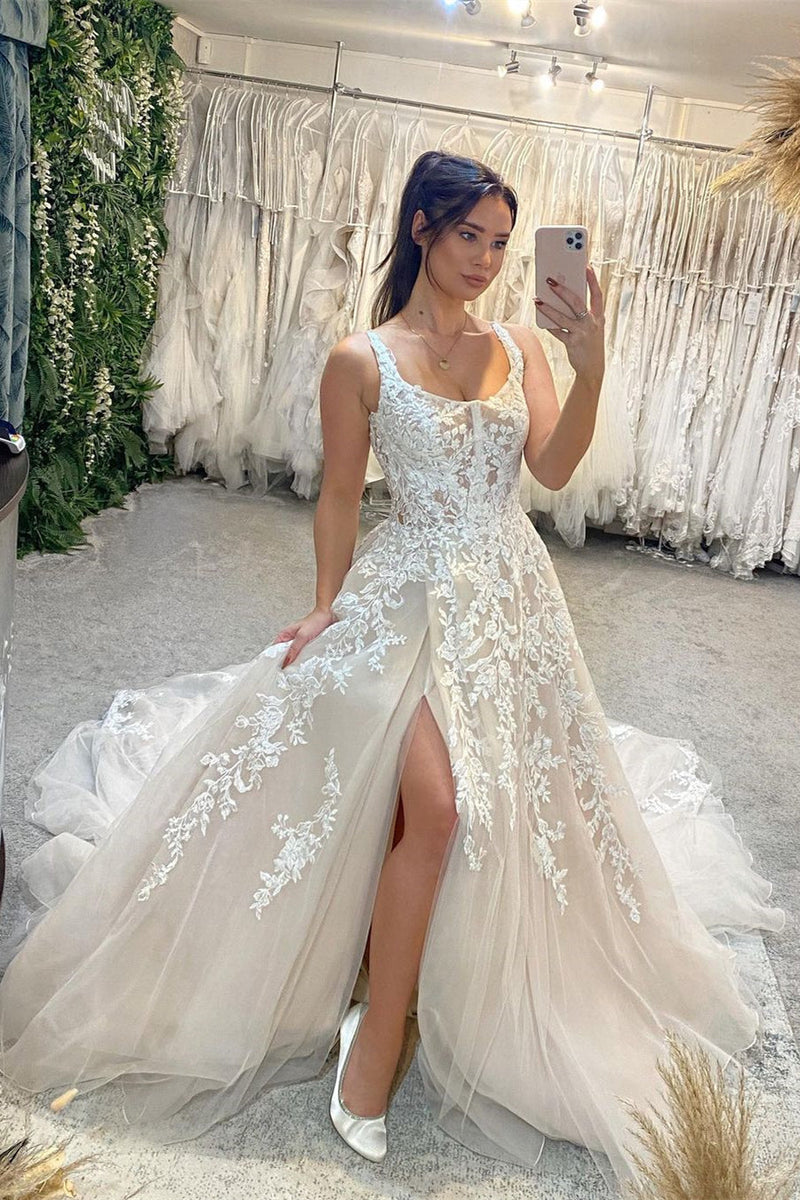 Elegant Sleeveless Straps Lace Wedding Dress Long Slit Online Elegant Sleeveless Straps Lace Wedding Dress Long Slit Online