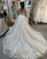 Elegant Sleeveless Straps Lace Wedding Dress Long Slit Online-Ballbella