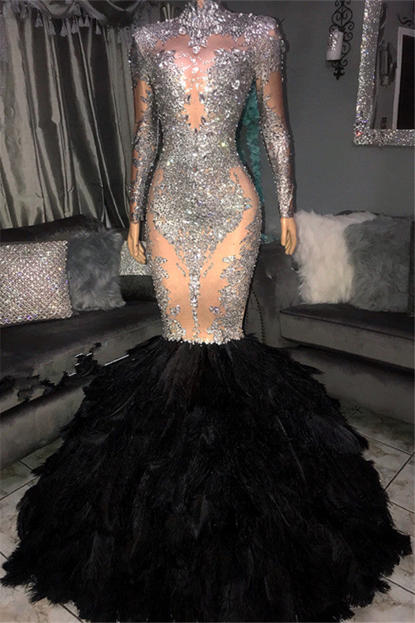 Elegant Sliver Seuqins High Neck Long Sleevess Fur Mermaid Prom Dresses-Ballbella