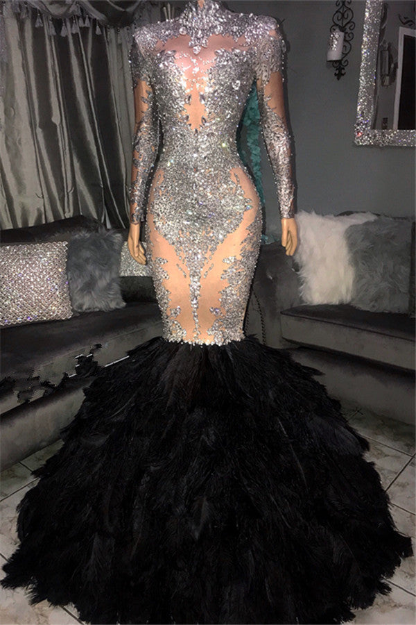 Still not know where to get your silver prom dresses online? Ballbella offer you Sliver Seuqins High Neck Long Sleevess Fur Mermaid Prom Dresses at factory price,  fast delivery worldwide.