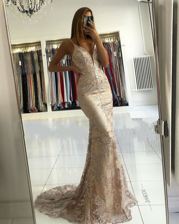 Ballbella offers Elegant Spaghetti Strap Champange Court Train V-neck Evening Dress at a cheap price from Lace to Mermaid Floor-length hem... Get Gorgeous yet affordable Sleeveless Prom Dresses, Evening Dresses.