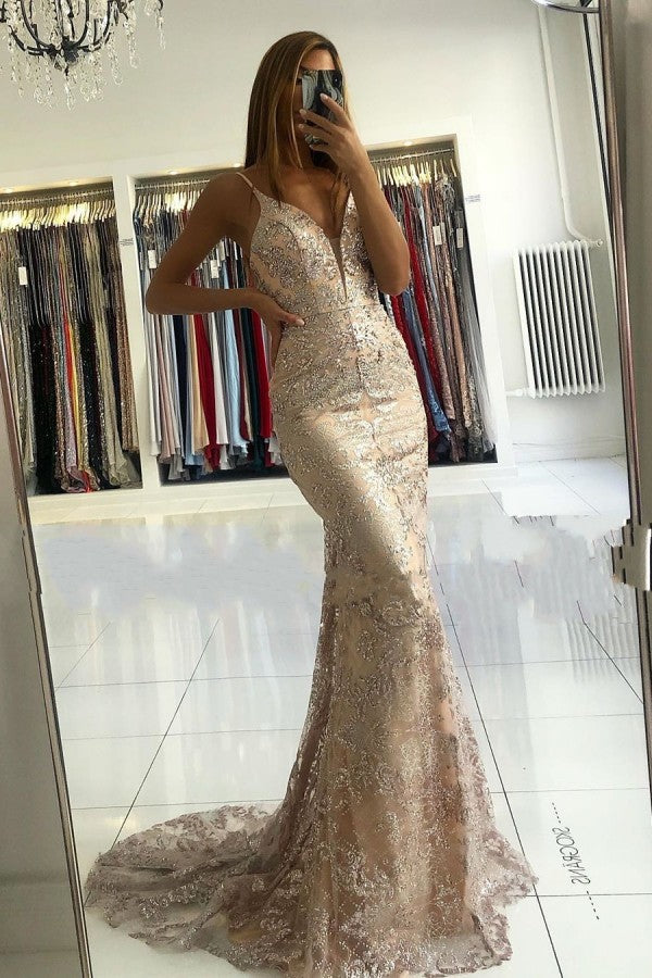 Ballbella offers Elegant Spaghetti Strap Champange Court Train V-neck Evening Dress at a cheap price from Lace to Mermaid Floor-length hem... Get Gorgeous yet affordable Sleeveless Prom Dresses, Evening Dresses.