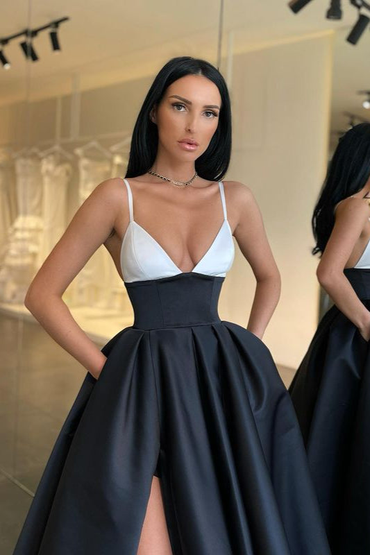 Elegant Spaghetti-Straps Black and White Prom Dress Long With Slit Elegant Spaghetti-Straps Black and White Prom Dress Long With Slit