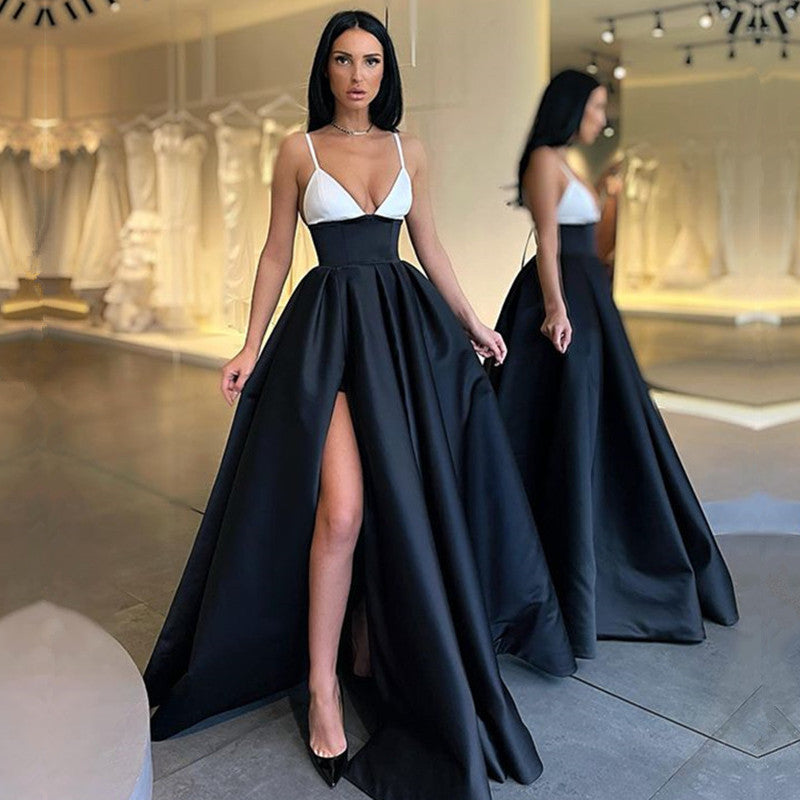 Elegant Spaghetti-Straps Black and White Prom Dress Long With Slit Elegant Spaghetti-Straps Black and White Prom Dress Long With Slit